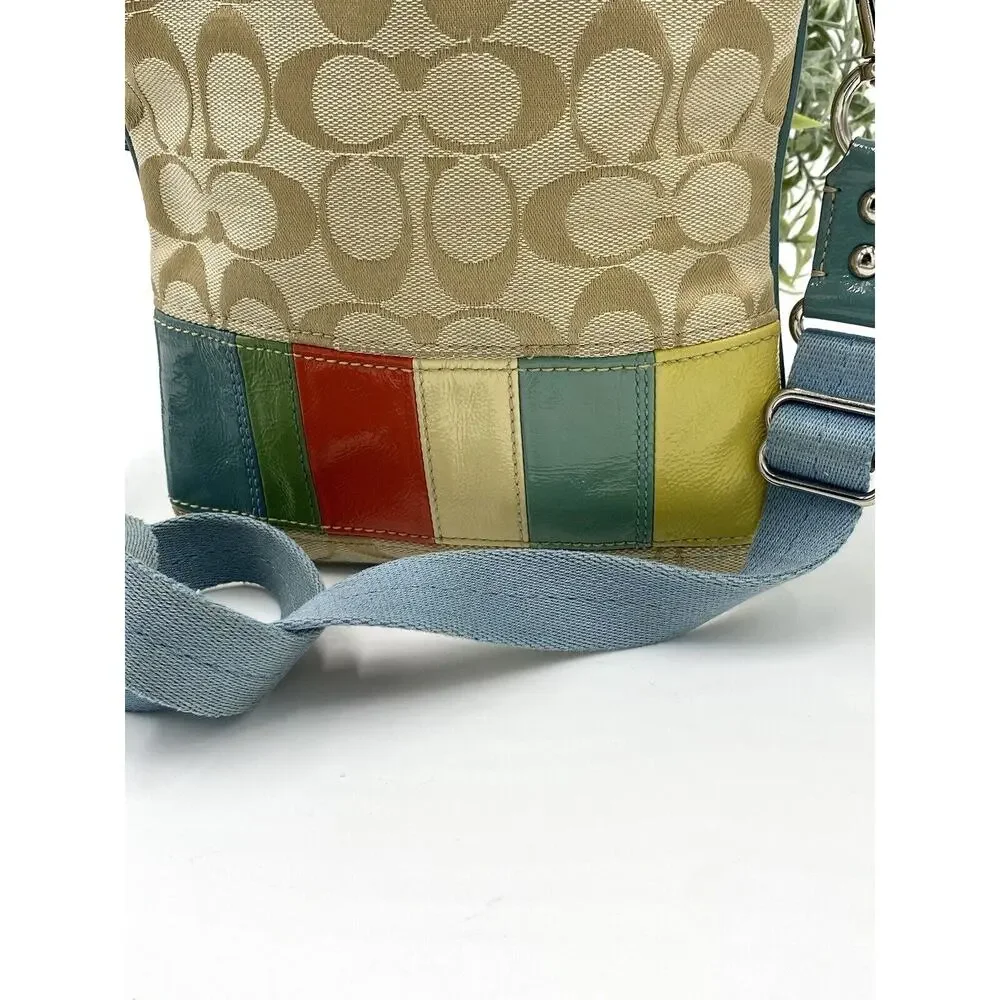 Coach Beige Blue Jacquard Hamptons Weekend Multicolor Stripe Swingpack Crossbody